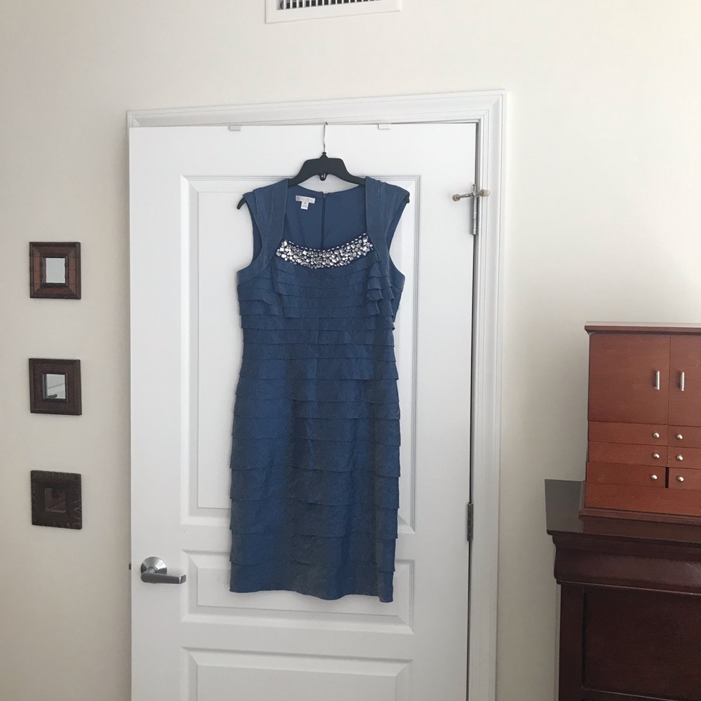 Pretty Holiday Dress - Blue Maxi Sleeveless with neck embellishments and ruffles